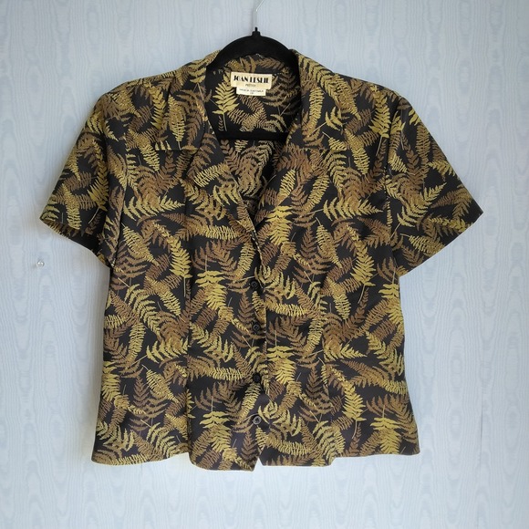 Joan Leslie Tops - Vtg 80s Joan Leslie Women's 10P Leaf Print Short Sleeve Button Down Fitted